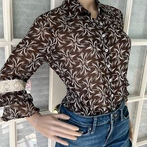 Allegra Hicks designer brown sheer floral 3/4 sleeves with crochet detail shirt